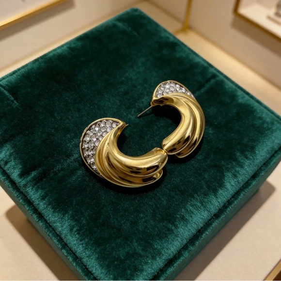 Jewelry - Vintage Signed Swan Swarovski Gold Crystal Crescent Hoop Post Earrings
